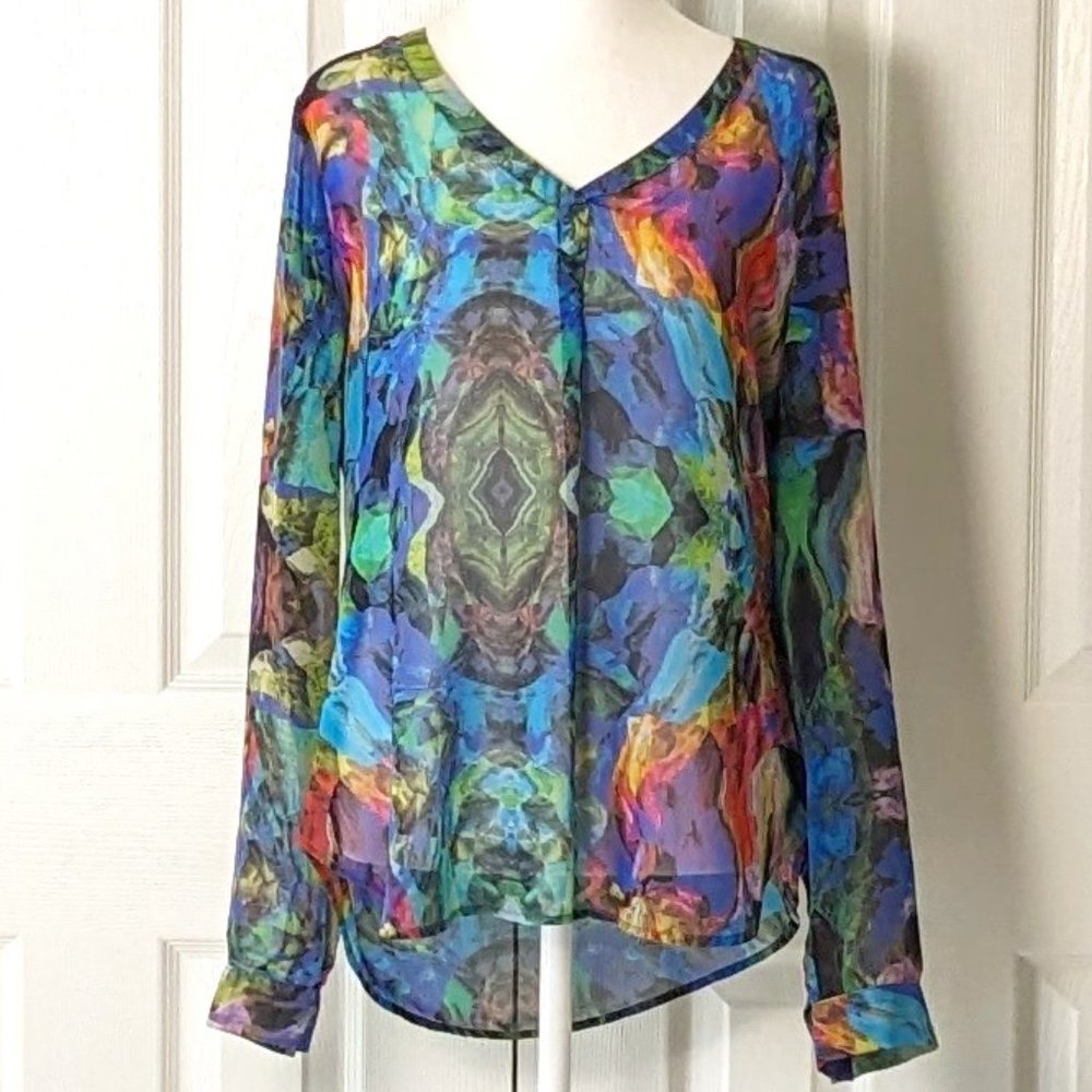 ECRU Women's Long Sleeve Semi-Sheer Blouse Top  Size M  Multi Print NWOT